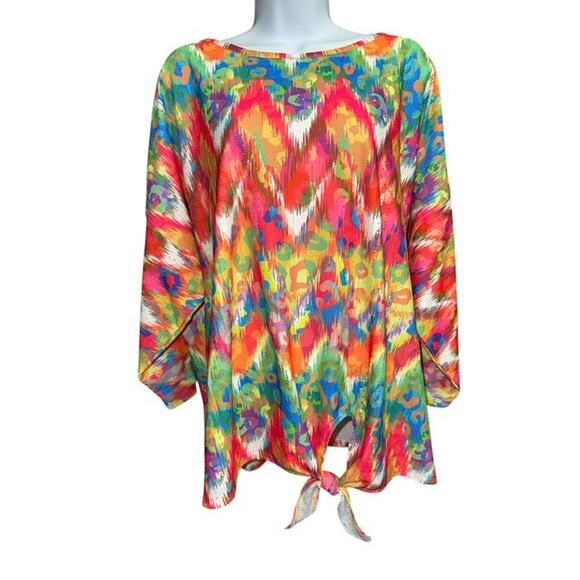 Ali Miles 3X Top Pink Blue Green Abstract Circle Tie Stretch Pullover 3/4 Sleeve - Picture 1 of 6